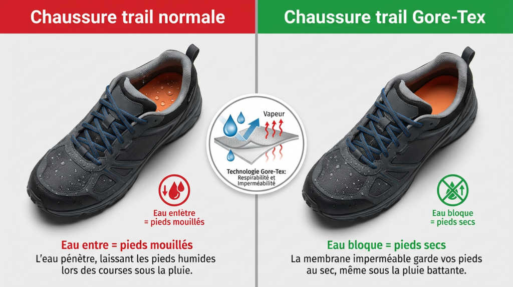 Infographie comparative illustrant la différence d'étanchéité : la chaussure trail Gore-Tex garde les pieds au sec en bloquant la pluie, contrairement à une chaussure standard qui laisse pénétrer l'eau