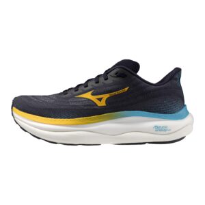 Chaussure de running Mizuno Wave Sky 9 vue de profil sur fond blanc, montrant la semelle épaisse avec dégradé jaune et bleu et l'inscription Mizuno Enerzy NXT