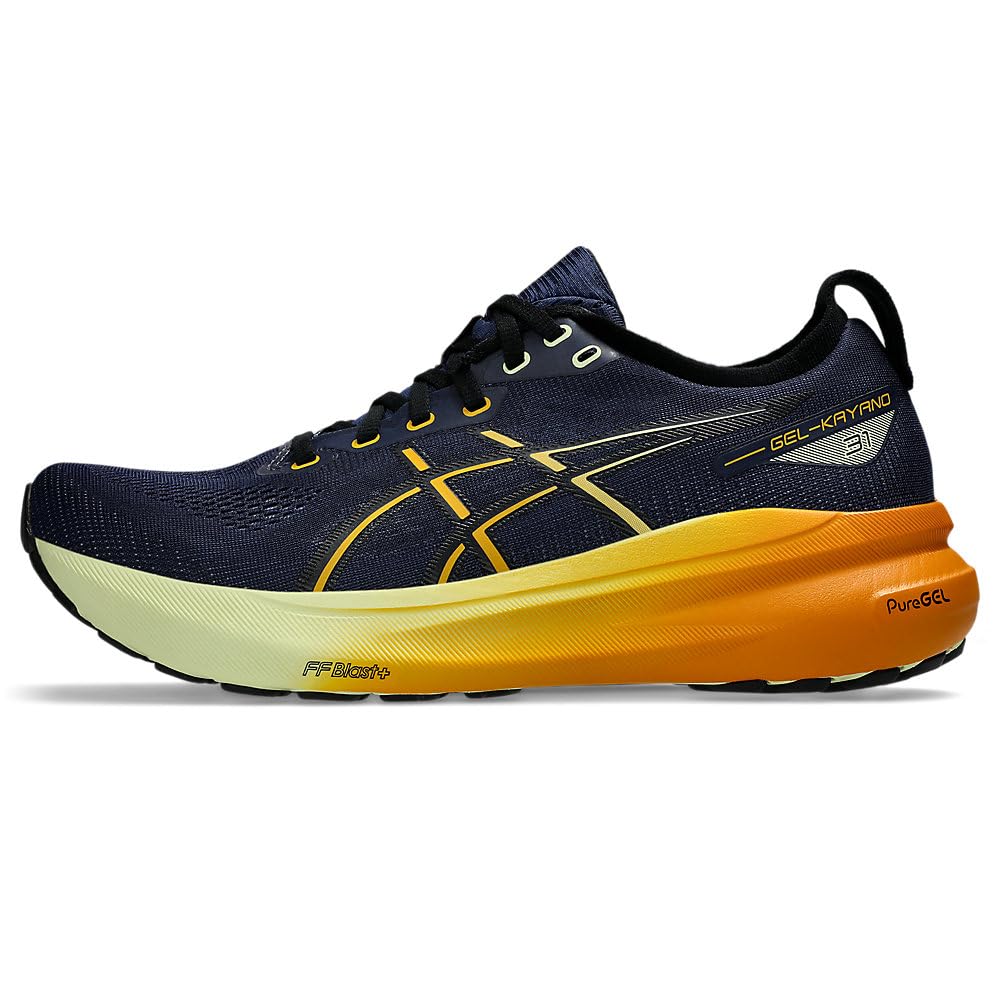 Chaussure de running Asics Gel-Kayano 31 bleu marine avec semelle dégradée jaune et orange, vue de profil