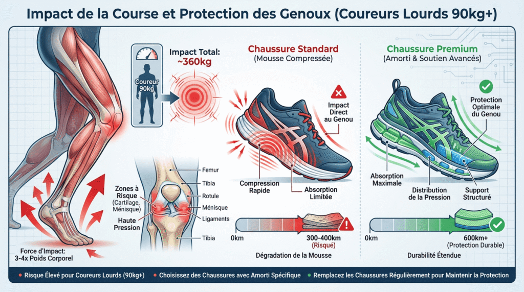 Infographie montrant l'impact de la course sur les genoux pour un coureur lourd de plus de 85kg. Comparaison entre une chaussure standard et une chaussure running premium avec amorti avancé pour protéger les articulations et offrir une meilleure durabilité