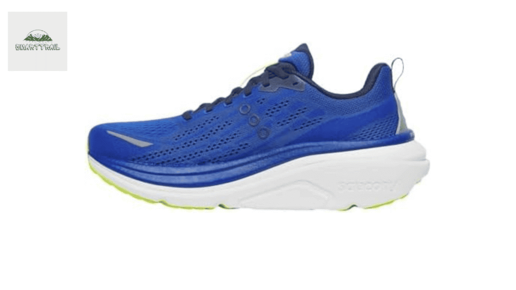 Vue de profil de la Saucony Hurricane 25 bleue mettant en évidence l'épaisseur de la semelle blanche