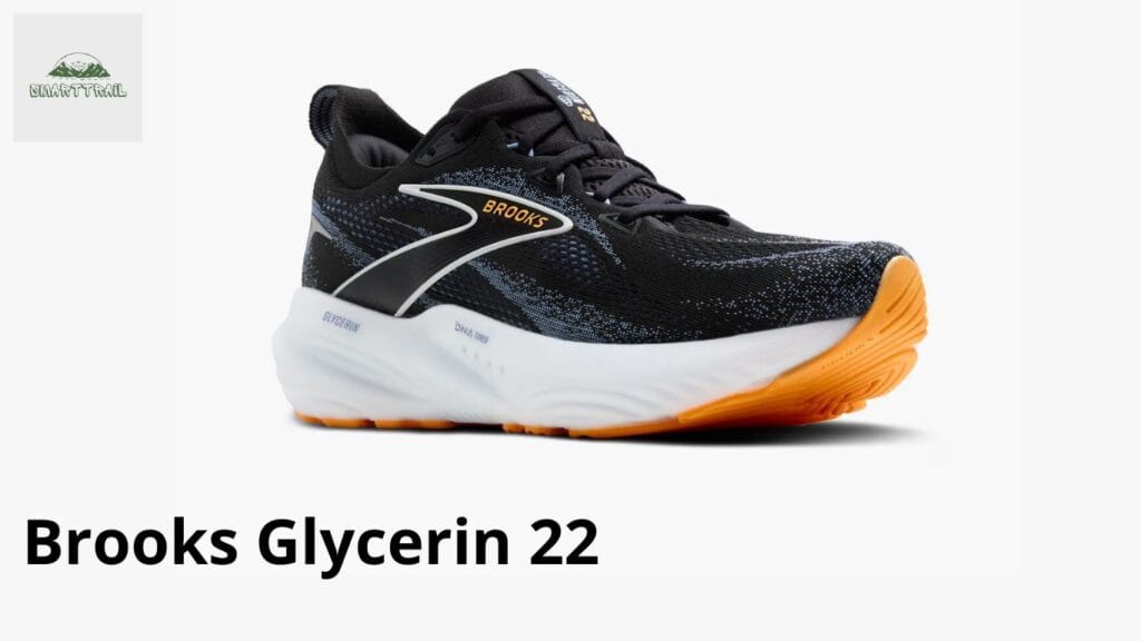 Vue de profil de la Brooks Glycerin 22, coloris noir avec semelle intermédiaire blanche et semelle extérieure orange