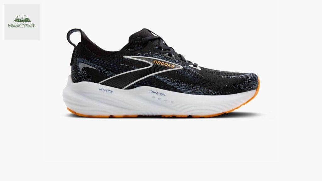 Vue de profil de la Brooks Glycerin 22, coloris noir avec semelle intermédiaire blanche et semelle extérieure orange