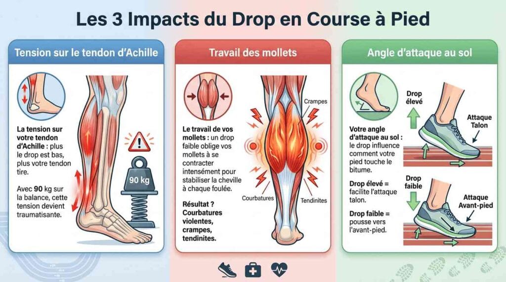 Schéma montrant l'influence du drop sur la fatigue musculaire, les douleurs aux mollets et la tension du tendon d'Achille