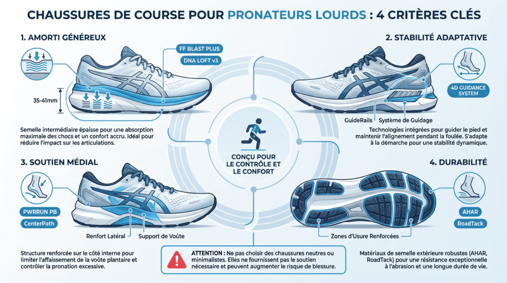 Infographie détaillant les 4 critères clés pour choisir une chaussure de running pour pronateur lourd : amorti généreux, stabilité adaptative, soutien médial et durabilité