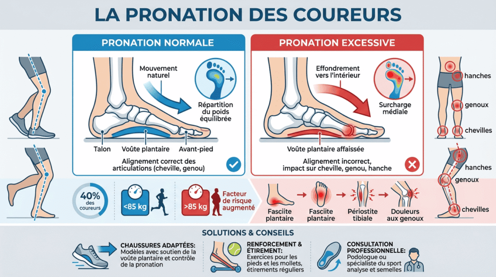 Infographie explicative comparant la foulée normale et la pronation excessive avec l'affaissement de la voûte plantaire et l'alignement des jambes