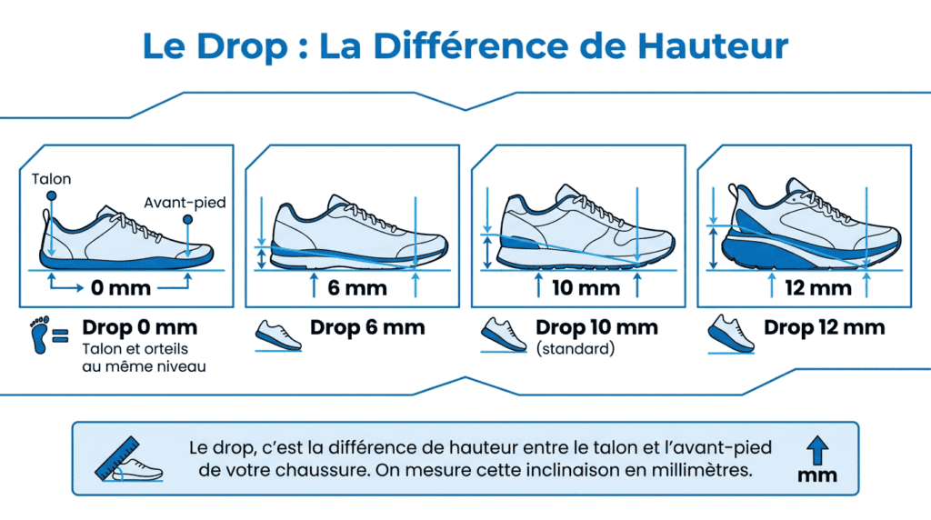 Schéma comparatif des différents niveaux de drop en running, du zéro drop (0 mm) au drop standard élevé (12 mm)