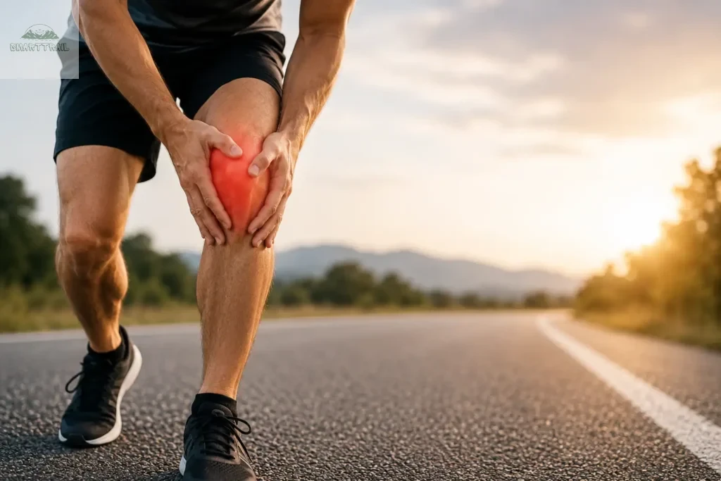 Coureur tenant son genou douloureux pendant une sortie running sur route