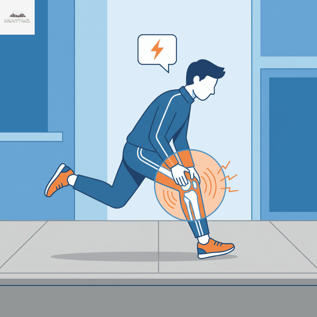 Coureur ressentant un choc articulaire au genou, soulignant l'importance de choisir des chaussures avec un amorti maximal pour se protéger.