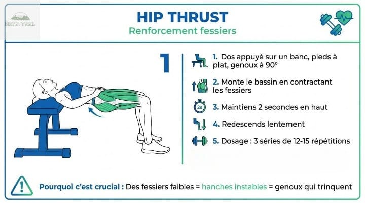 Schéma montrant l'importance du Hip Thrust pour éviter les douleurs aux genoux en stabilisant les hanches grâce à des fessiers forts