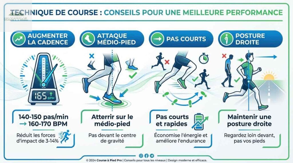 Infographie détaillant 4 conseils clés pour améliorer sa technique de course : cadence à 170 bpm, attaque médio-pied, foulée courte et posture droite.