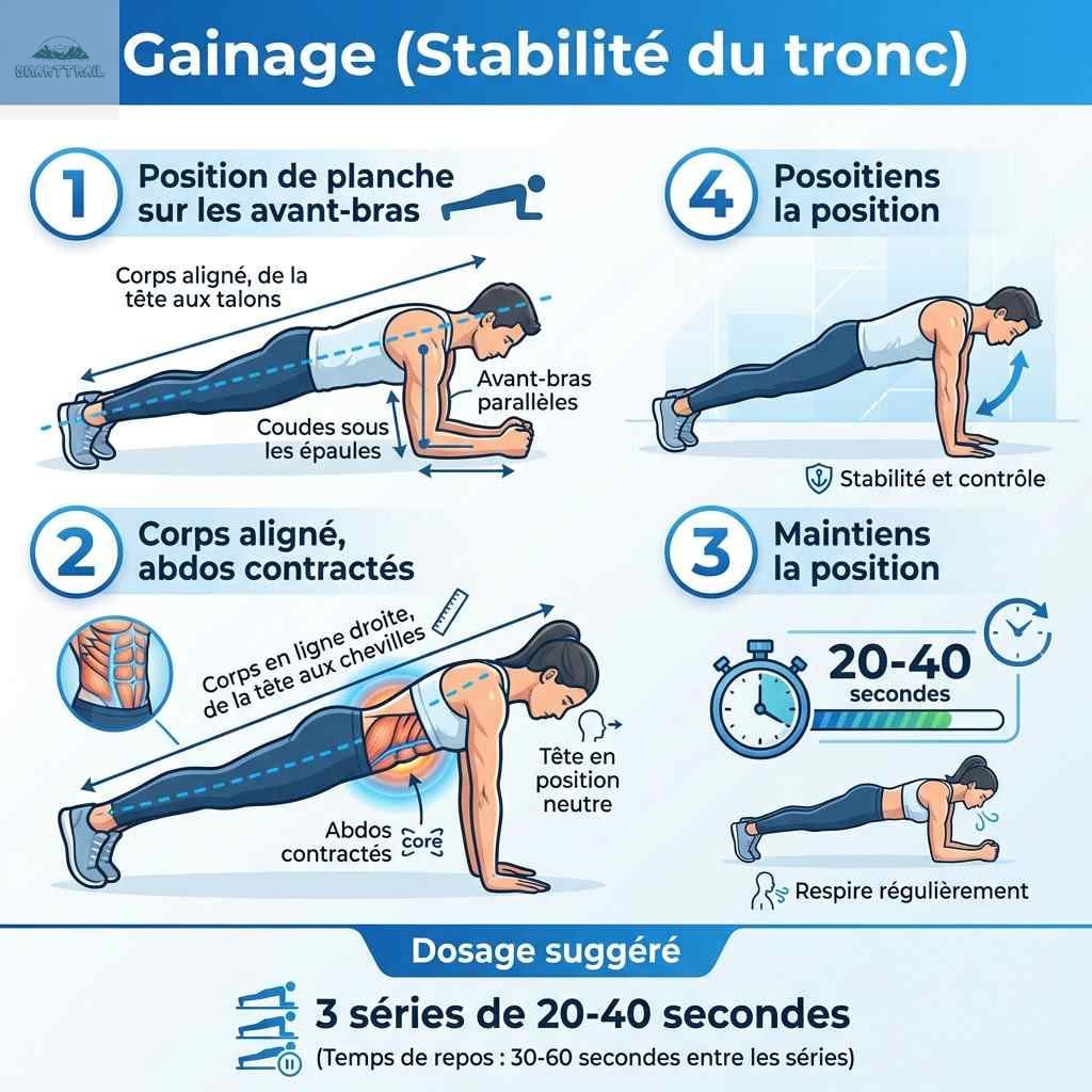 Schéma de l'exercice de la planche pour renforcer la ceinture abdominale et prévenir les douleurs lombaires en course à pied