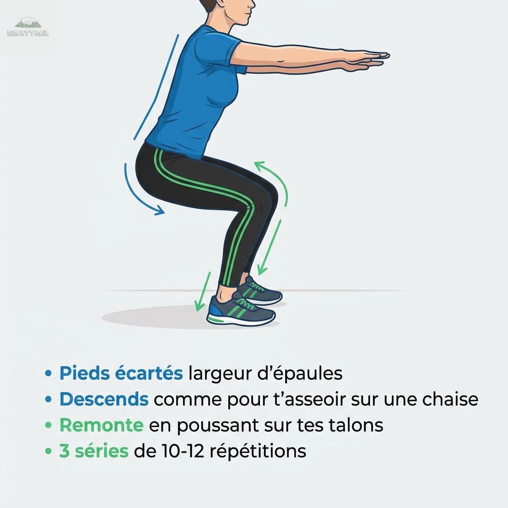 Illustration de la technique du squat : pieds largeur d'épaules, dos droit et flexion des genoux pour renforcer les cuisses