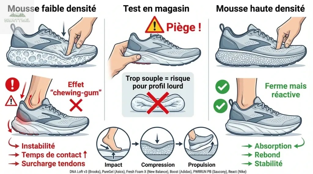 nfographie expliquant pourquoi une mousse trop molle est un piège pour le coureur lourd