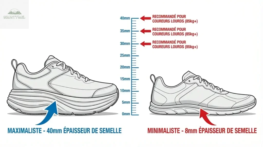 Infographie recommandant une épaisseur de semelle (Stack) entre 30mm et 40mm pour les coureurs lourds de plus de 85kg