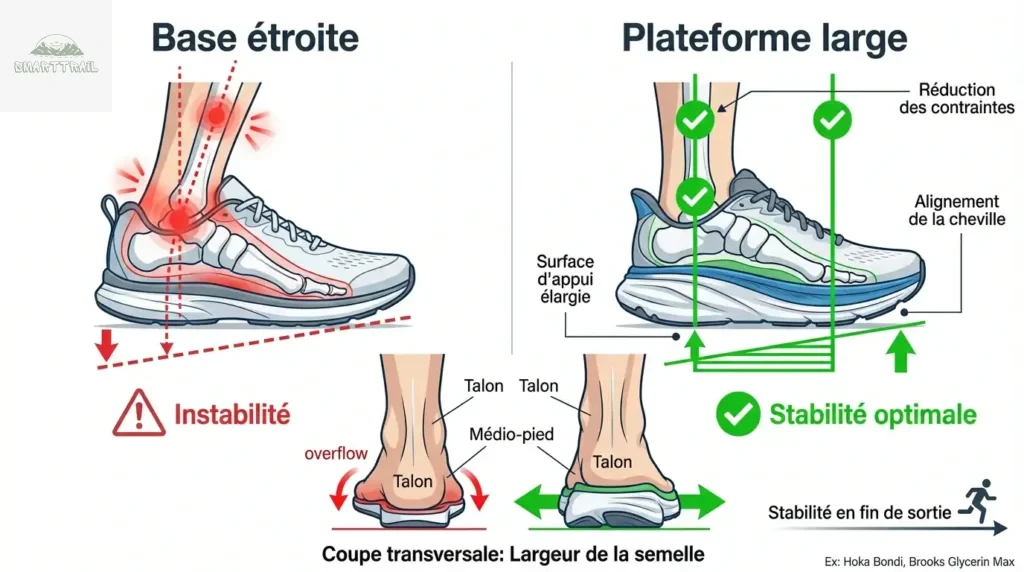 Infographie comparant l'instabilité d'une base étroite face à la stabilité optimale d'une plateforme large