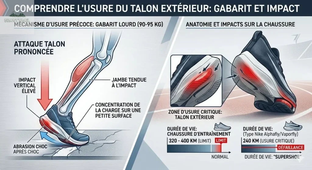 Usure talon extérieur chaussure de running coureur lourd de 90-95 kg