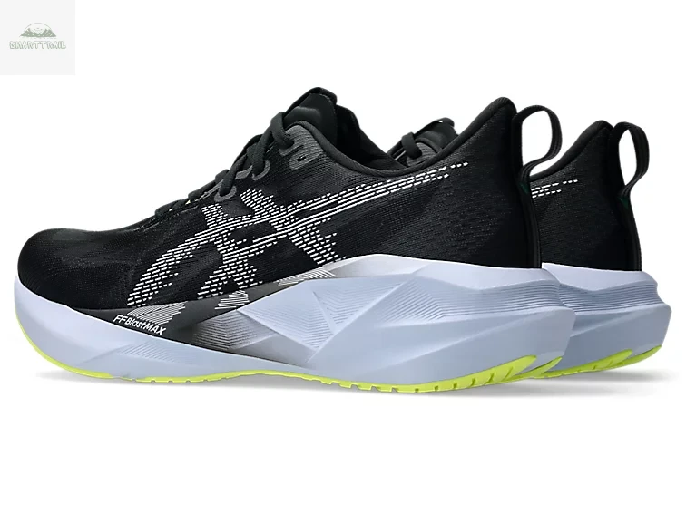 Vue arrière de l'Asics Novablast 5 avec mousse FF Leap, chaussure running pour coureur lourd