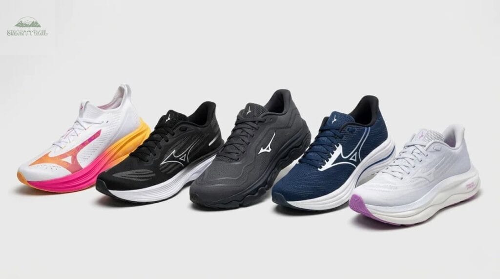 Comparatif des 5 meilleurs modèles Mizuno pour coureur lourd : Wave Sky 9, Horizon 9, Rider 29, Skyrise 7 et Neo Vista 2