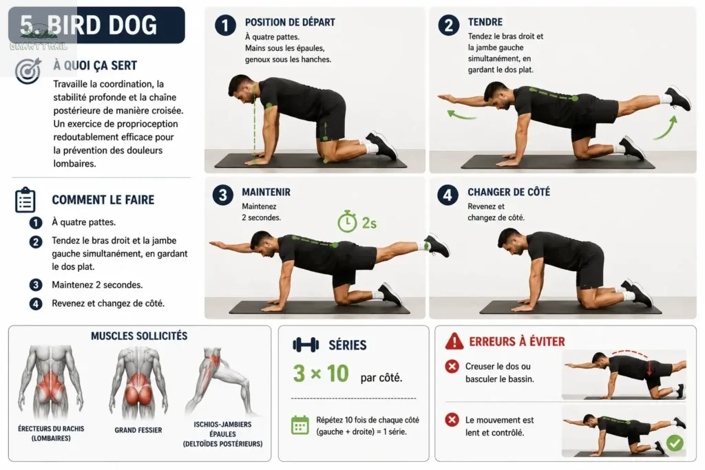 Infographie du bird dog pour coureurs : 4 phases du mouvement