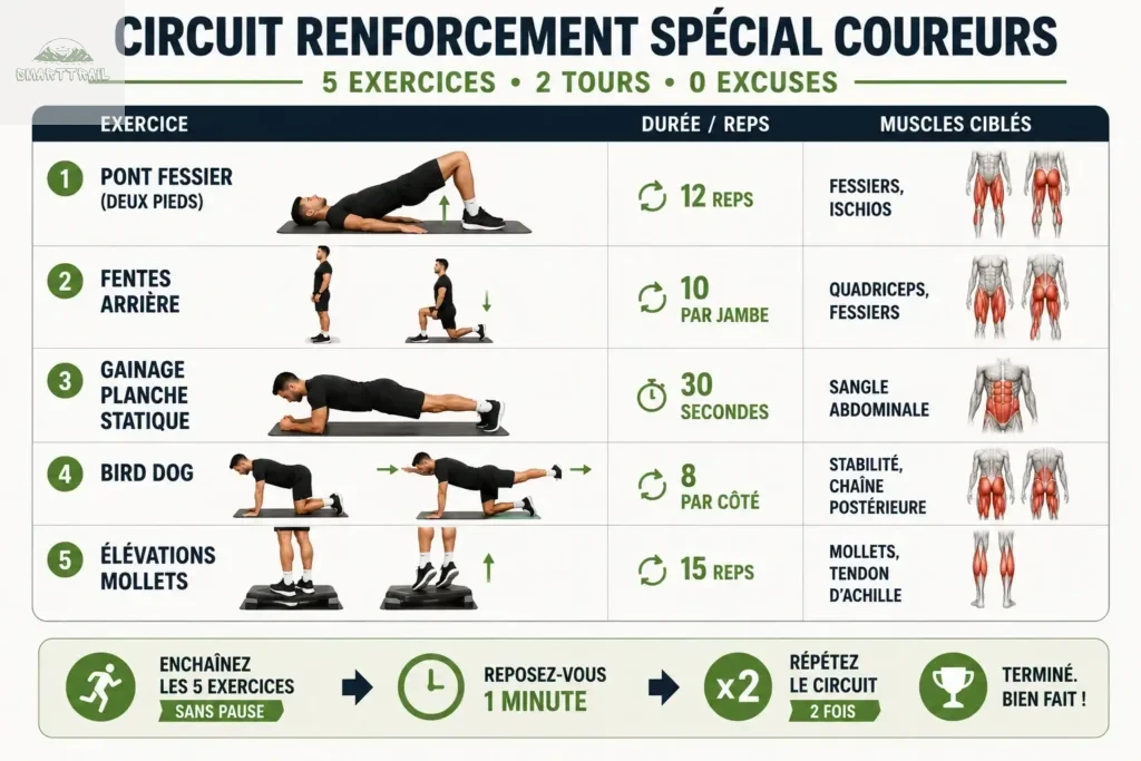 Infographie circuit renforcement spécial coureurs : 5 exercices en 2 tours sans matériel