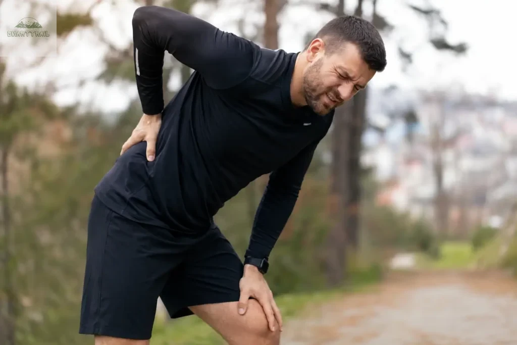 Coureur arrêté sur un chemin, tenant son bas du dos en grimaçant de douleur lombaire après un footing