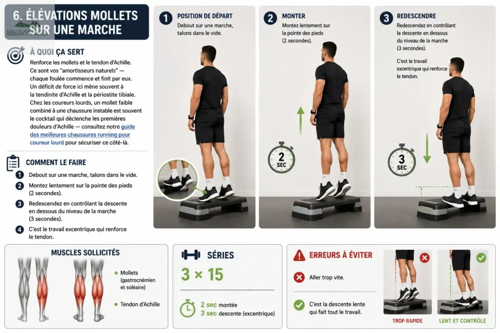 Infographie des élévations mollets sur une marche pour coureurs : 3 phases du mouvement