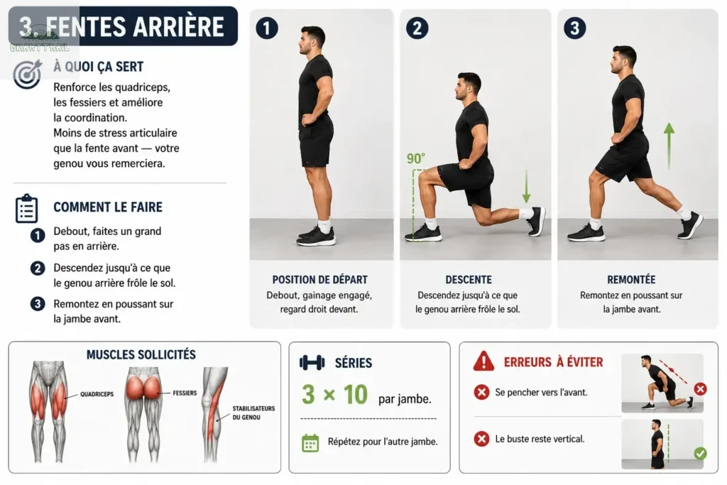 Infographie des fentes arrière pour coureurs : 3 phases du mouvement en photos