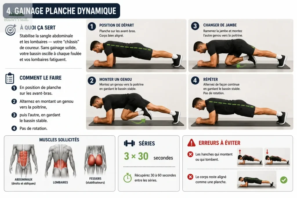Infographie du gainage planche dynamique pour coureurs : 4 phases du mouvement en photos