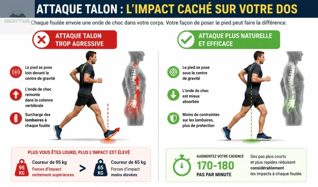 Infographie comparant l'attaque talon agressive et l'attaque médio-pied chez le coureur lourd
