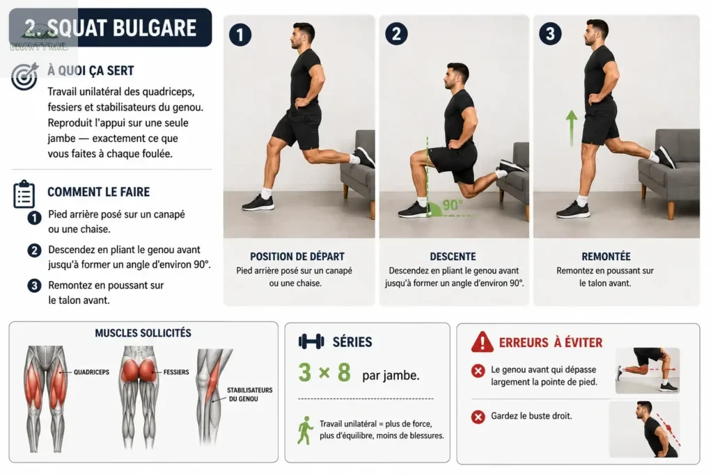 Infographie du squat bulgare pour coureurs