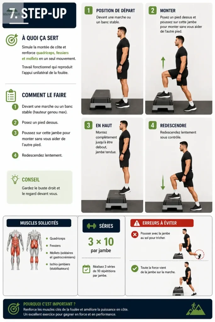 Infographie du step-up pour coureurs : 4 phases du mouvement